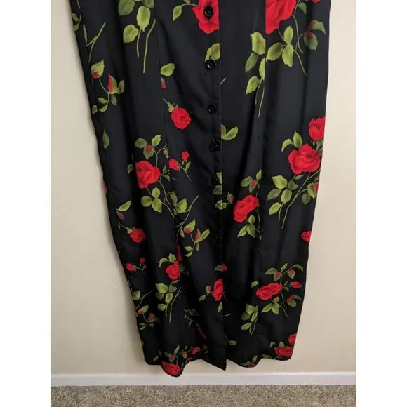Vintage 90s size 8 rose print black floral button down midi dress - Picture 4 of 9